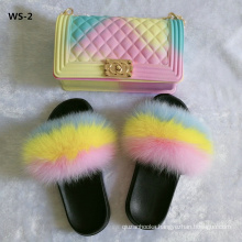 ladies fur slipper Fluffy Fox Fur Sandals PVC Rainbow Jelly Handbag Set